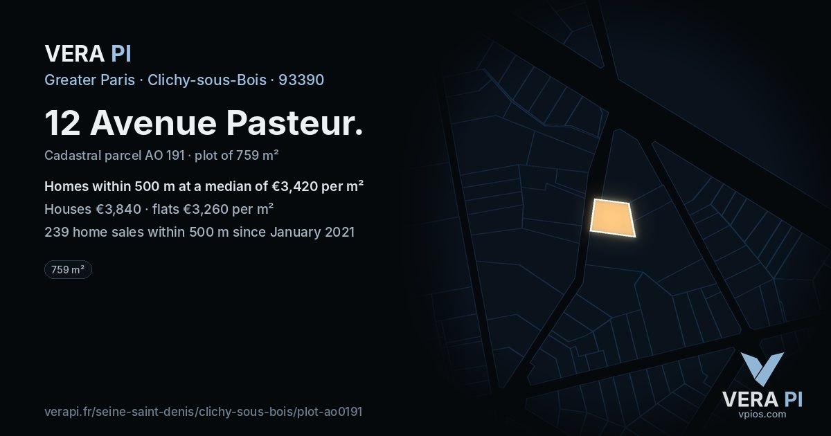 12 Avenue Pasteur, Clichy-sous-Bois at night – the plot lit, the parcels around coloured by the prices near them