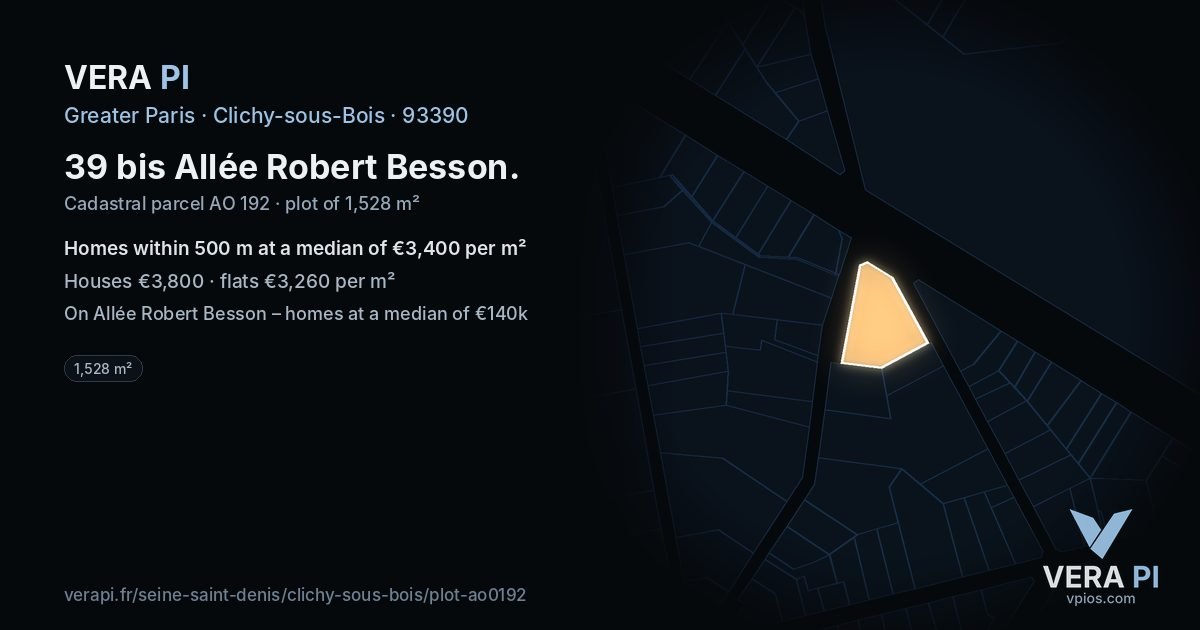 39 bis Allée Robert Besson, Clichy-sous-Bois at night – the plot lit, the parcels around coloured by the prices near them