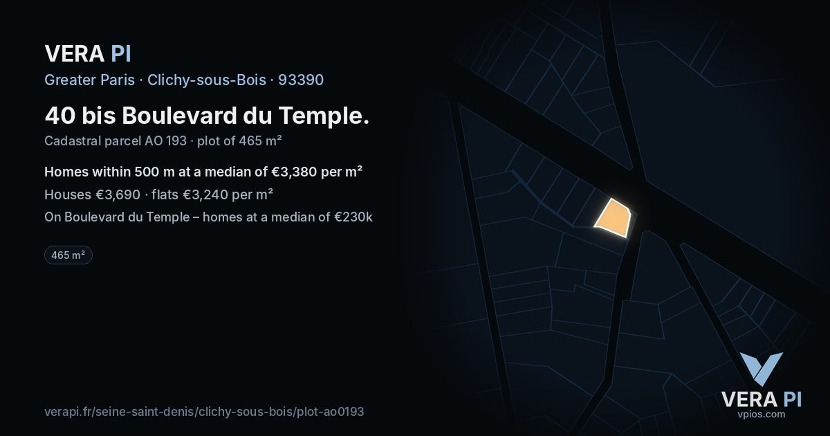 40 bis Boulevard du Temple, Clichy-sous-Bois at night – the plot lit, the parcels around coloured by the prices near them