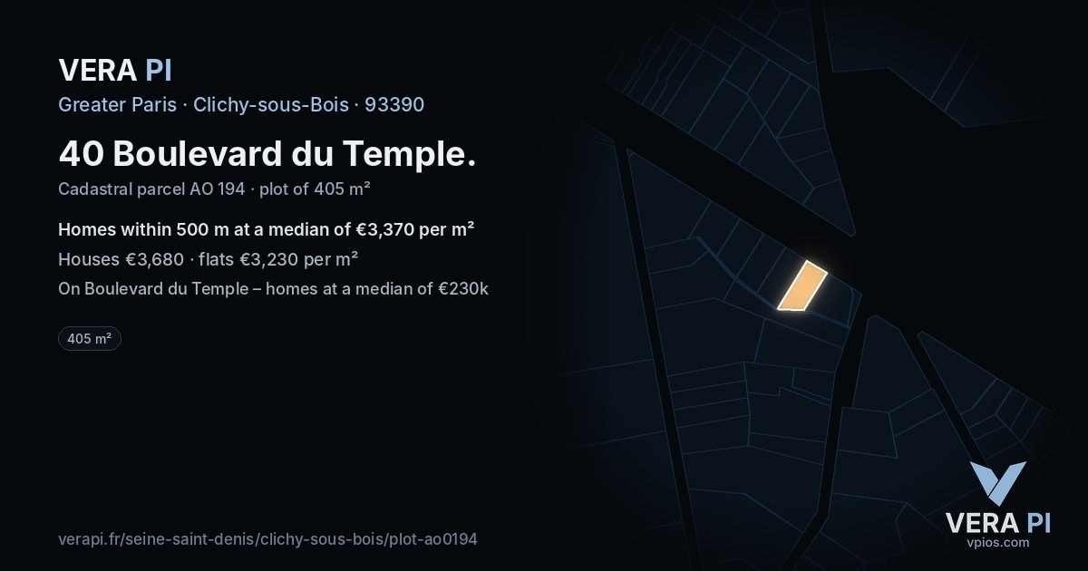 40 Boulevard du Temple, Clichy-sous-Bois at night – the plot lit, the parcels around coloured by the prices near them