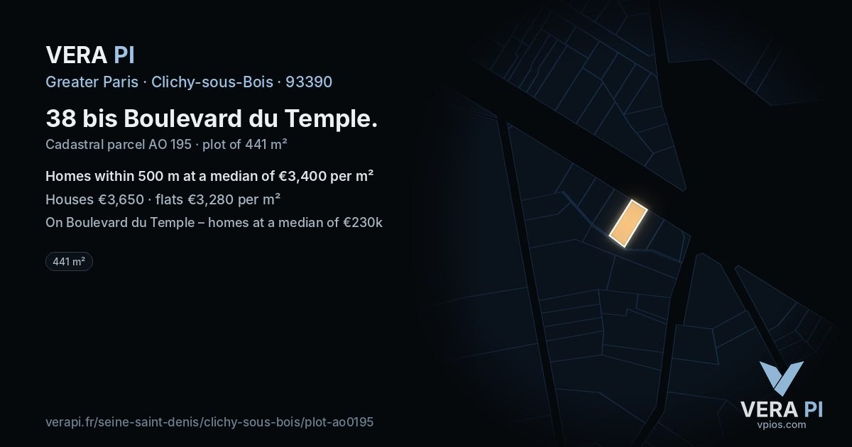 38 bis Boulevard du Temple, Clichy-sous-Bois at night – the plot lit, the parcels around coloured by the prices near them