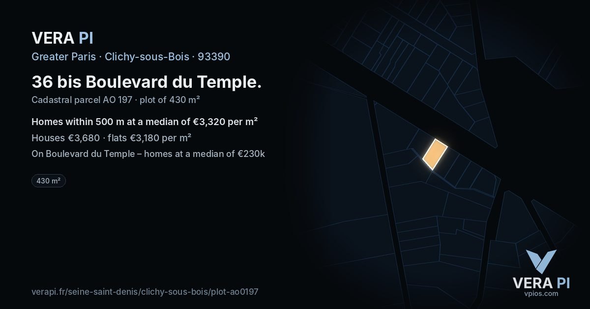 36 bis Boulevard du Temple, Clichy-sous-Bois at night – the plot lit, the parcels around coloured by the prices near them