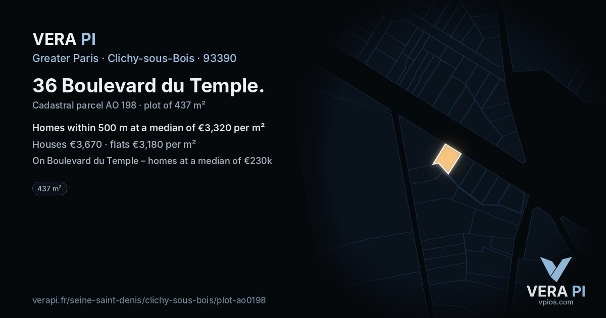 36 Boulevard du Temple, Clichy-sous-Bois at night – the plot lit, the parcels around coloured by the prices near them