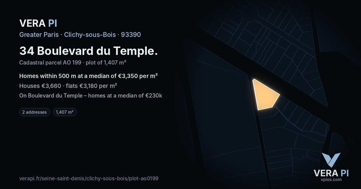34 Boulevard du Temple, Clichy-sous-Bois at night – the plot lit, the parcels around coloured by the prices near them
