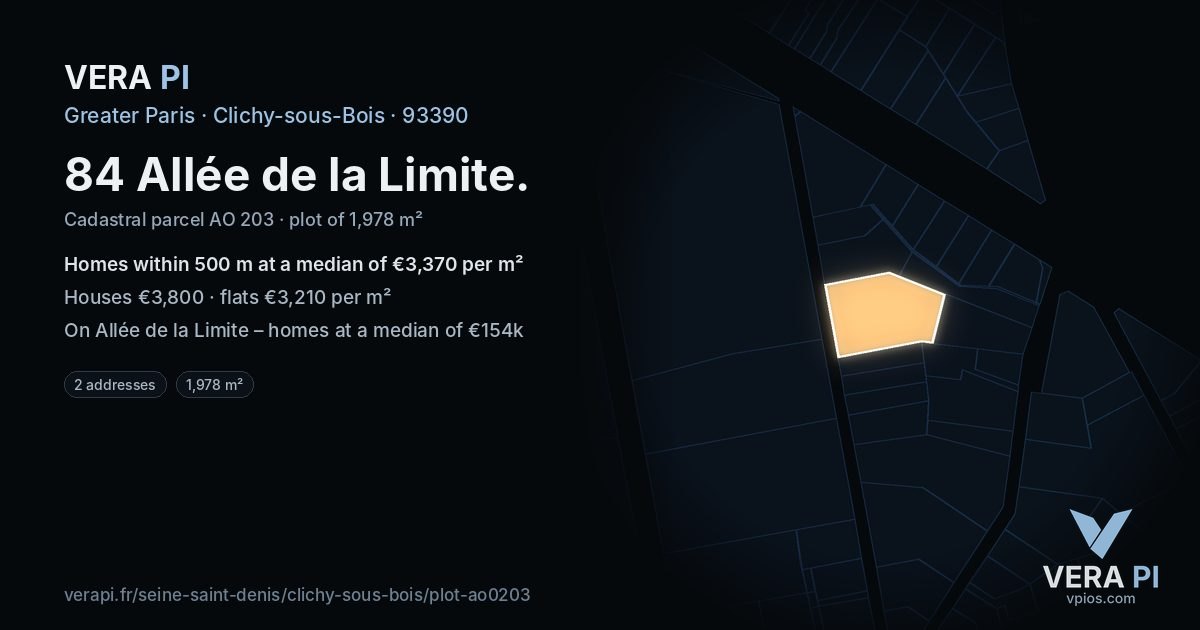 84 Allée de la Limite, Clichy-sous-Bois at night – the plot lit, the parcels around coloured by the prices near them