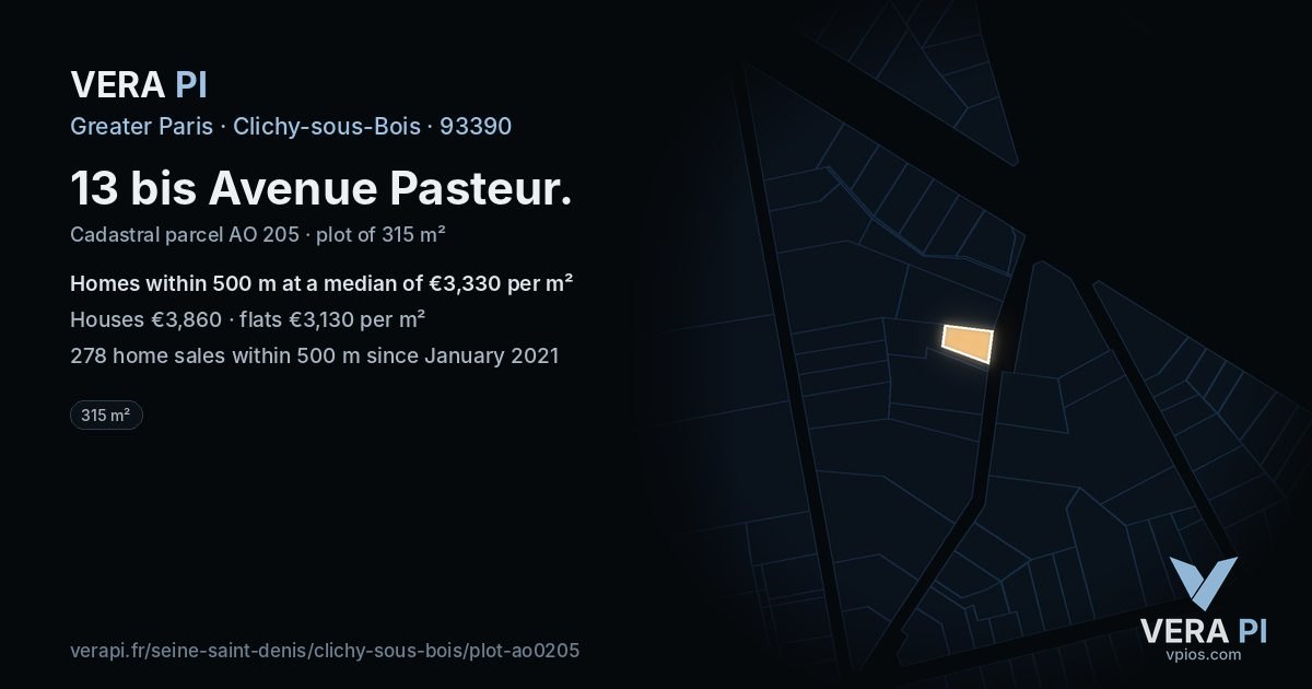 13 bis Avenue Pasteur, Clichy-sous-Bois at night – the plot lit, the parcels around coloured by the prices near them