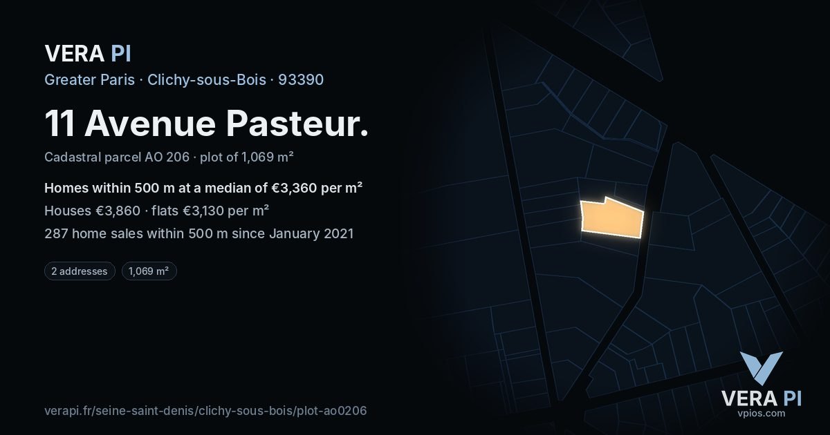 11 Avenue Pasteur, Clichy-sous-Bois at night – the plot lit, the parcels around coloured by the prices near them