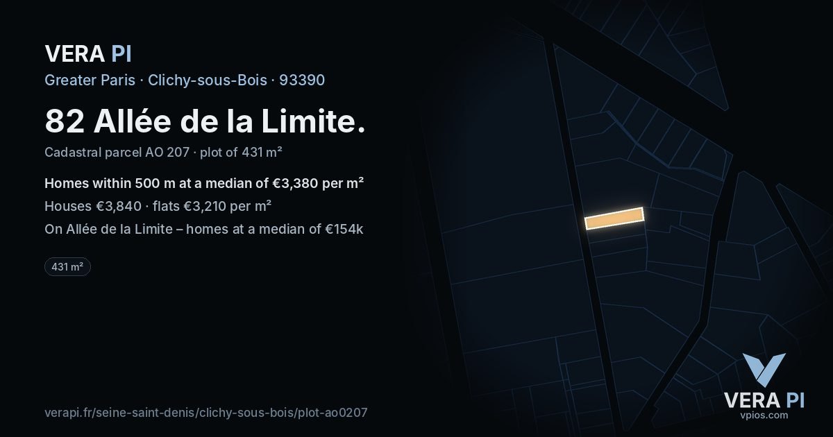 82 Allée de la Limite, Clichy-sous-Bois at night – the plot lit, the parcels around coloured by the prices near them