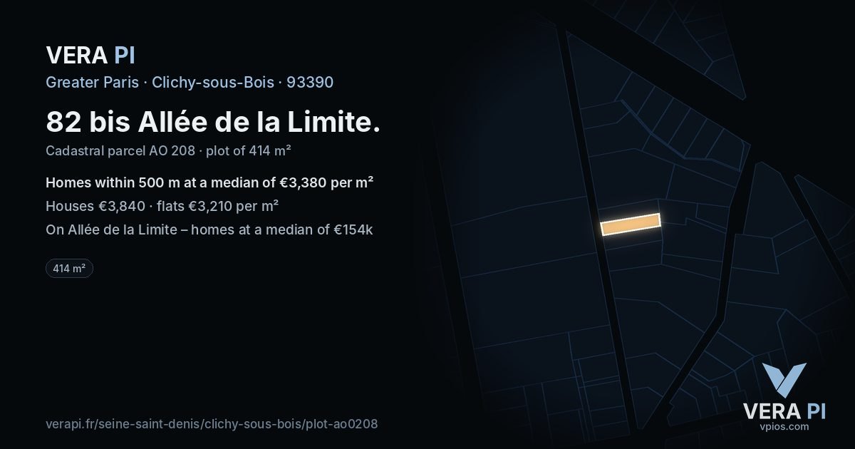 82 bis Allée de la Limite, Clichy-sous-Bois at night – the plot lit, the parcels around coloured by the prices near them