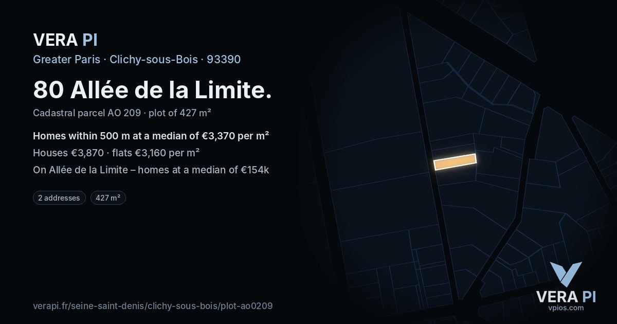 80 Allée de la Limite, Clichy-sous-Bois at night – the plot lit, the parcels around coloured by the prices near them