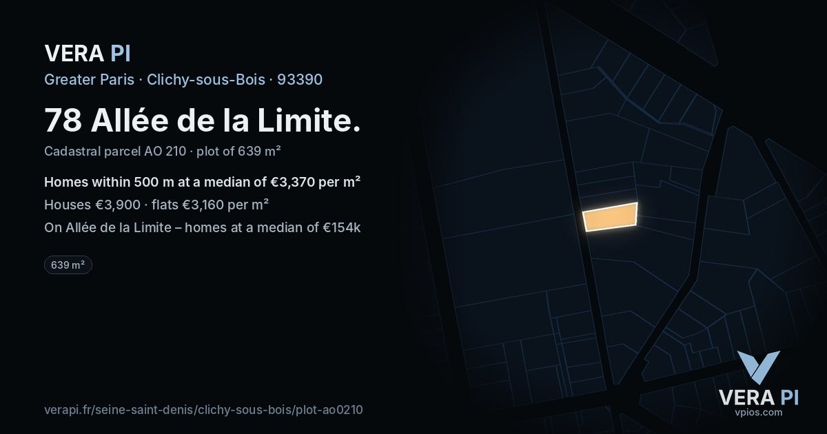 78 Allée de la Limite, Clichy-sous-Bois at night – the plot lit, the parcels around coloured by the prices near them