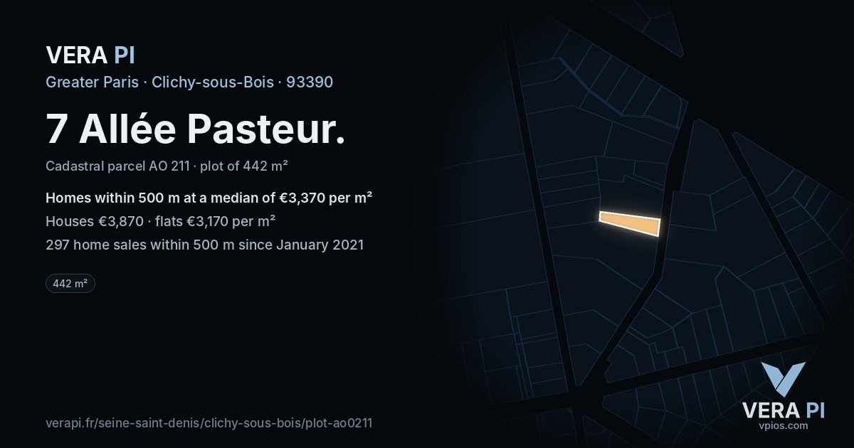 7 Allée Pasteur, Clichy-sous-Bois at night – the plot lit, the parcels around coloured by the prices near them