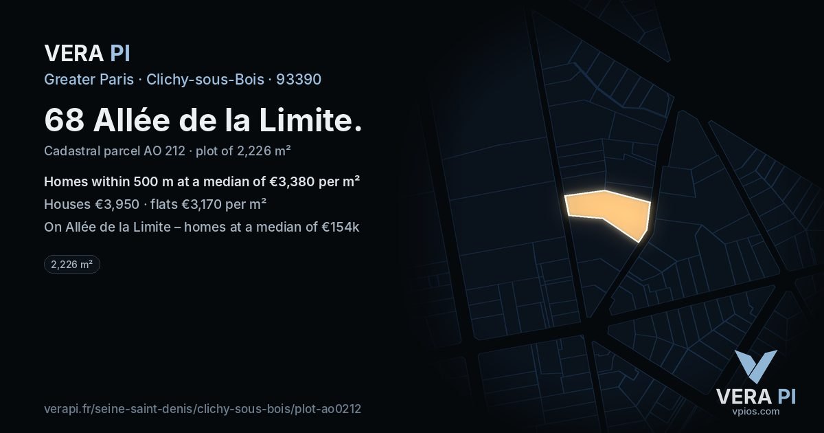 68 Allée de la Limite, Clichy-sous-Bois at night – the plot lit, the parcels around coloured by the prices near them
