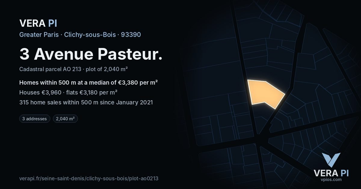 3 Avenue Pasteur, Clichy-sous-Bois at night – the plot lit, the parcels around coloured by the prices near them