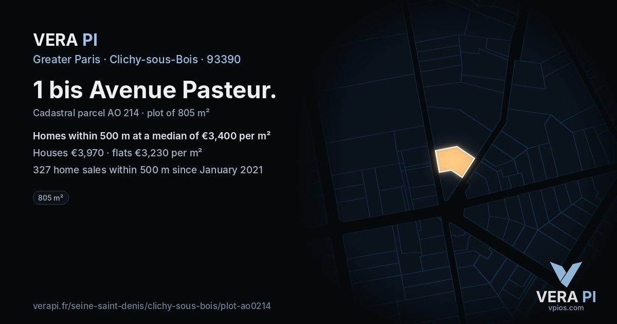 1 bis Avenue Pasteur, Clichy-sous-Bois at night – the plot lit, the parcels around coloured by the prices near them