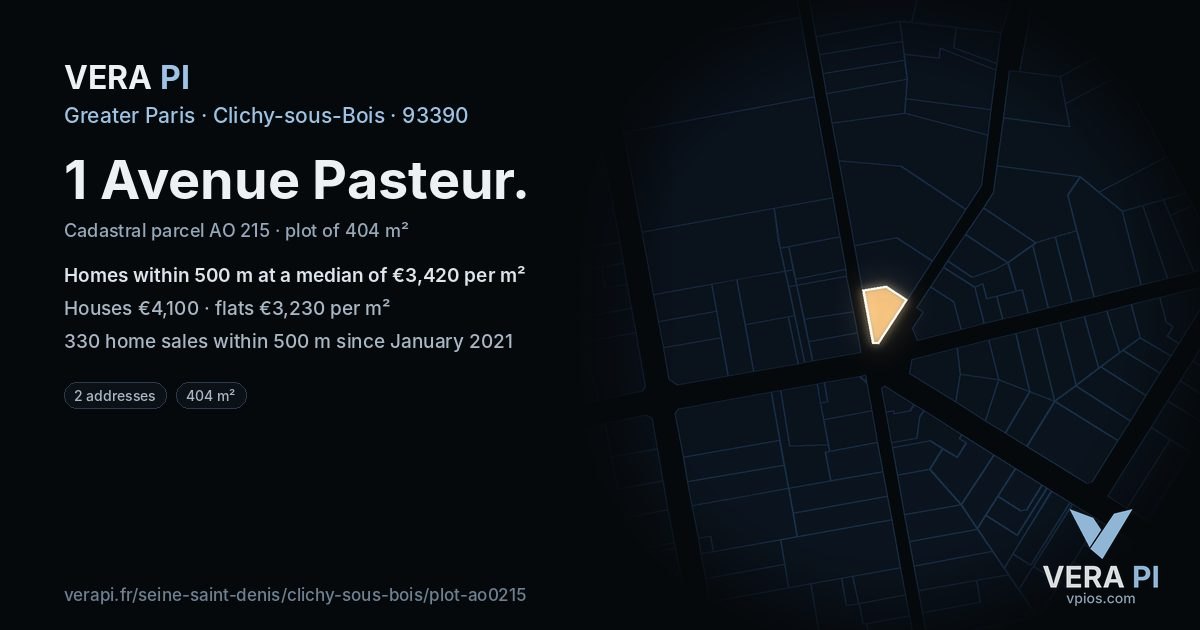 1 Avenue Pasteur, Clichy-sous-Bois at night – the plot lit, the parcels around coloured by the prices near them