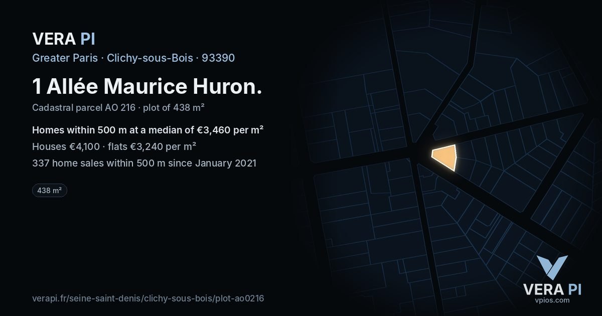 1 Allée Maurice Huron, Clichy-sous-Bois at night – the plot lit, the parcels around coloured by the prices near them