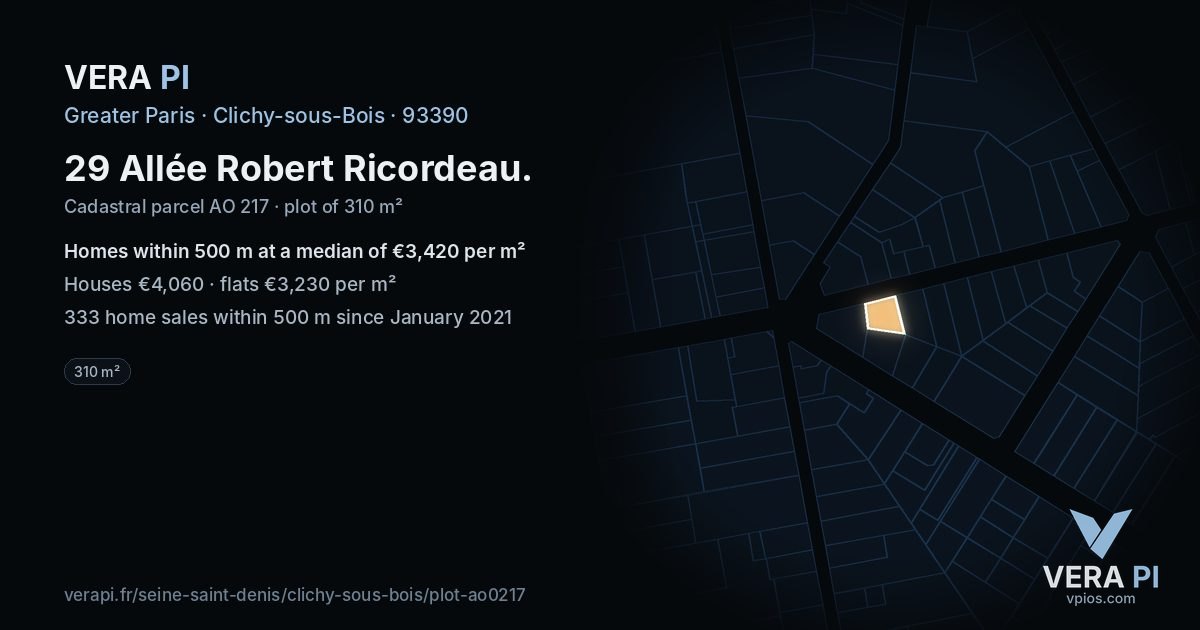 29 Allée Robert Ricordeau, Clichy-sous-Bois at night – the plot lit, the parcels around coloured by the prices near them