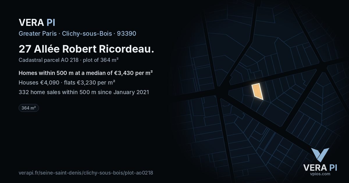 27 Allée Robert Ricordeau, Clichy-sous-Bois at night – the plot lit, the parcels around coloured by the prices near them