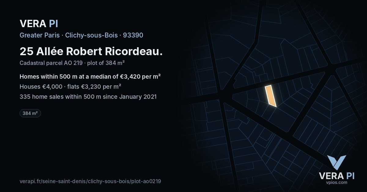 25 Allée Robert Ricordeau, Clichy-sous-Bois at night – the plot lit, the parcels around coloured by the prices near them