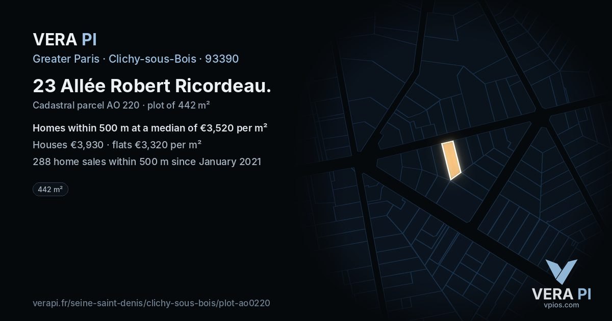 23 Allée Robert Ricordeau, Clichy-sous-Bois at night – the plot lit, the parcels around coloured by the prices near them