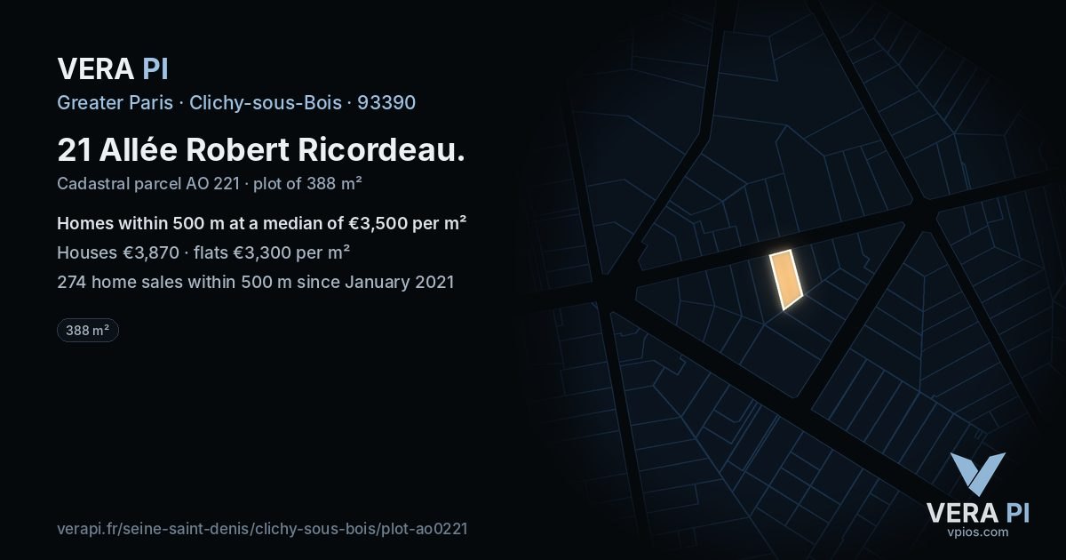 21 Allée Robert Ricordeau, Clichy-sous-Bois at night – the plot lit, the parcels around coloured by the prices near them