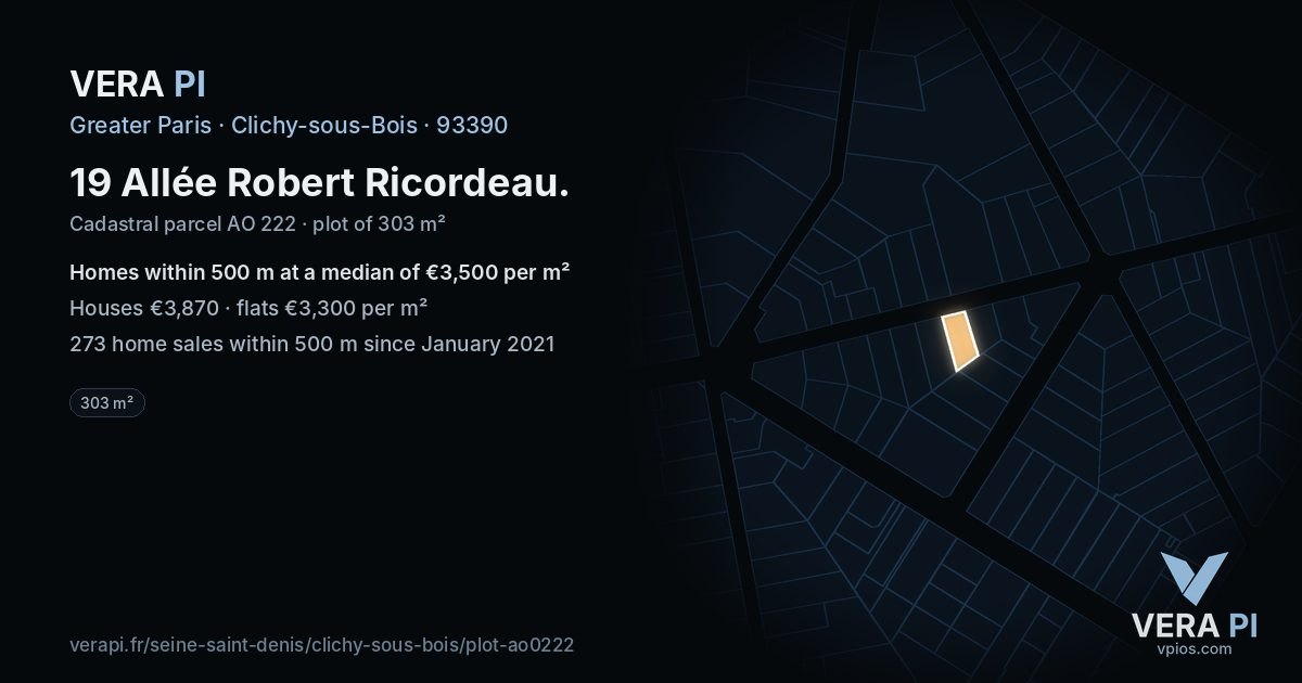 19 Allée Robert Ricordeau, Clichy-sous-Bois at night – the plot lit, the parcels around coloured by the prices near them