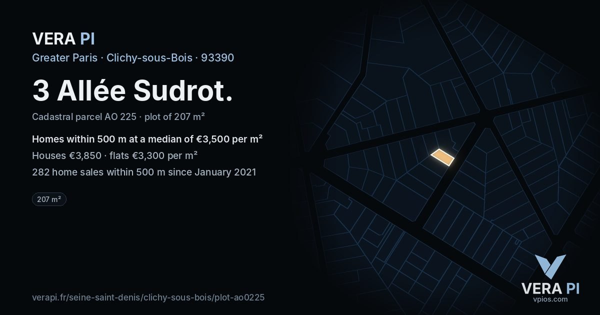 3 Allée Sudrot, Clichy-sous-Bois at night – the plot lit, the parcels around coloured by the prices near them