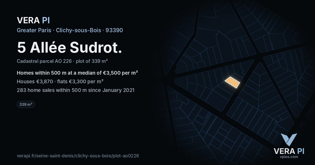 5 Allée Sudrot, Clichy-sous-Bois at night – the plot lit, the parcels around coloured by the prices near them