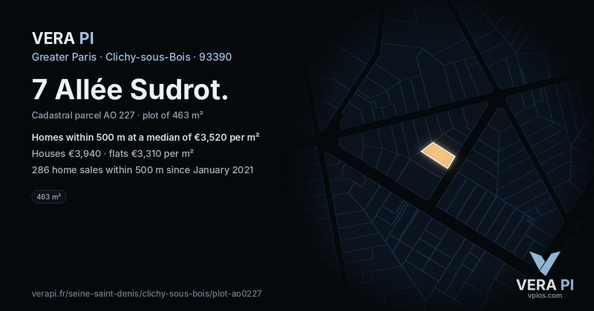 7 Allée Sudrot, Clichy-sous-Bois at night – the plot lit, the parcels around coloured by the prices near them