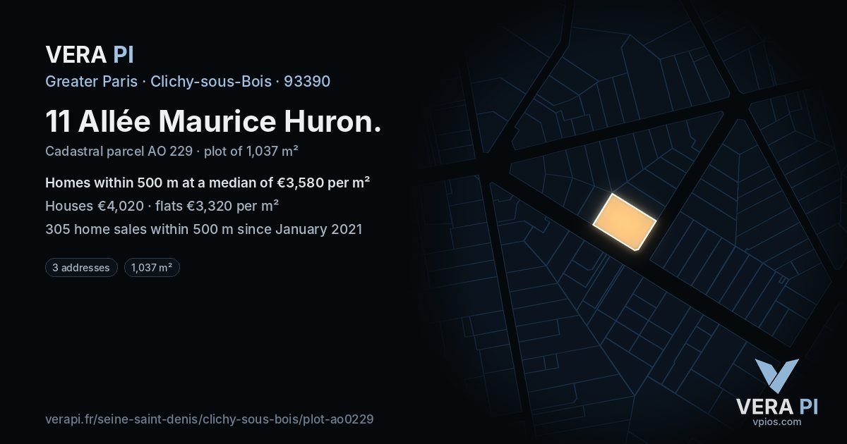 11 Allée Maurice Huron, Clichy-sous-Bois at night – the plot lit, the parcels around coloured by the prices near them