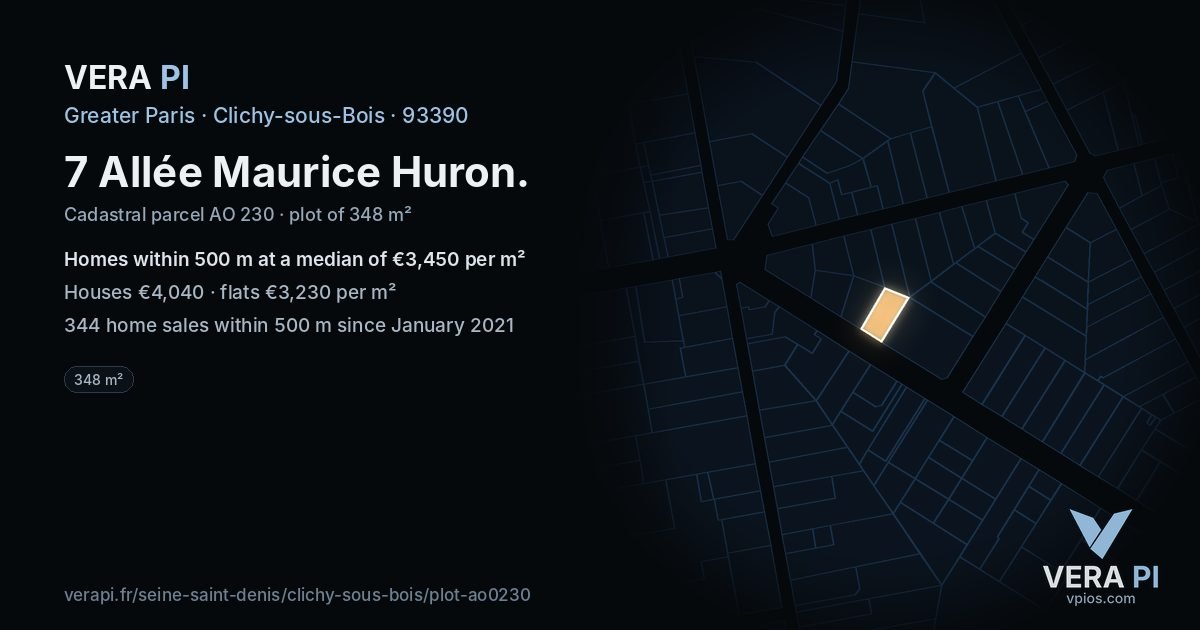 7 Allée Maurice Huron, Clichy-sous-Bois at night – the plot lit, the parcels around coloured by the prices near them