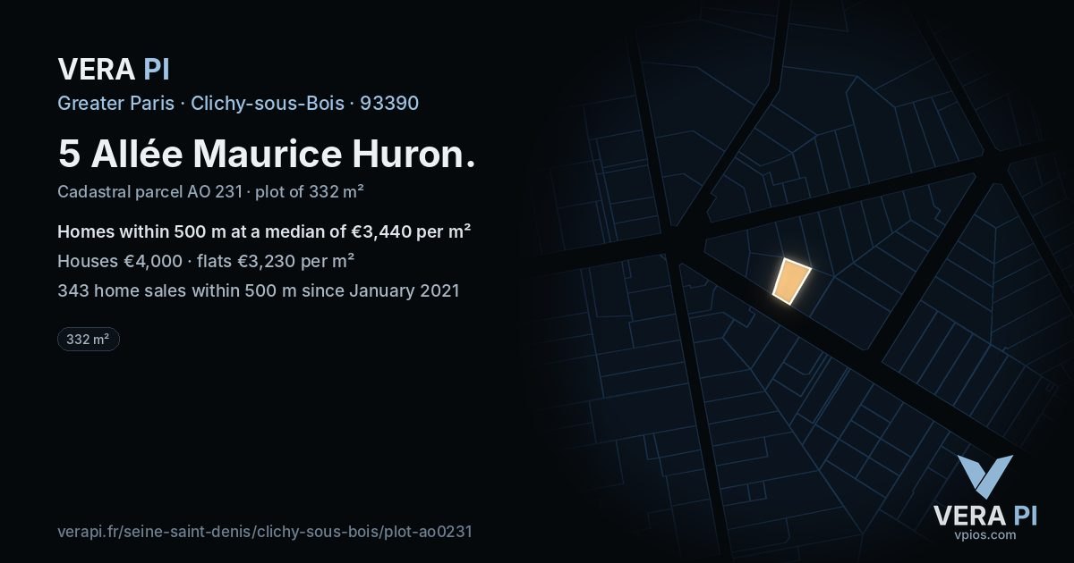 5 Allée Maurice Huron, Clichy-sous-Bois at night – the plot lit, the parcels around coloured by the prices near them