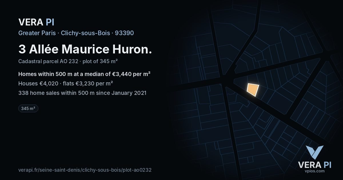 3 Allée Maurice Huron, Clichy-sous-Bois at night – the plot lit, the parcels around coloured by the prices near them