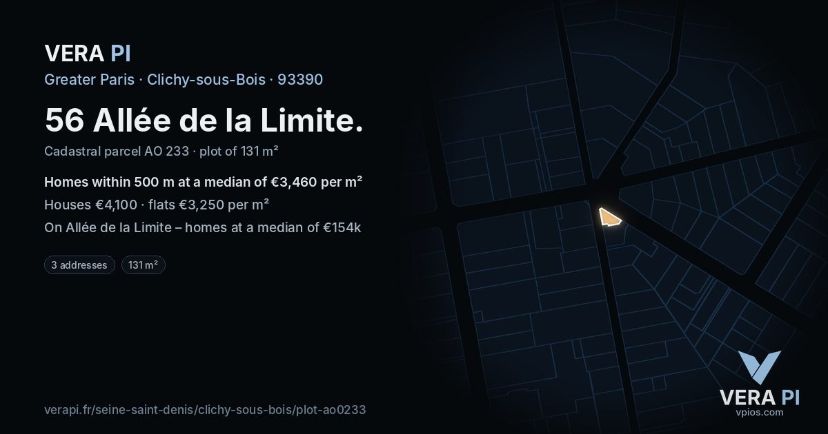 56 Allée de la Limite, Clichy-sous-Bois at night – the plot lit, the parcels around coloured by the prices near them