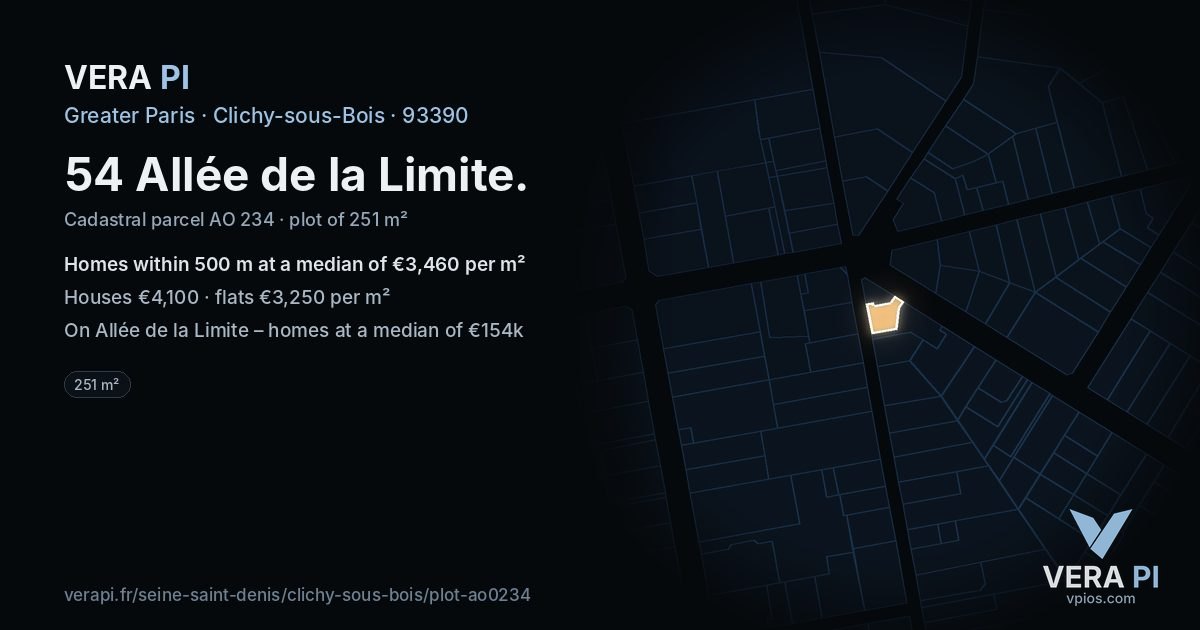 54 Allée de la Limite, Clichy-sous-Bois at night – the plot lit, the parcels around coloured by the prices near them