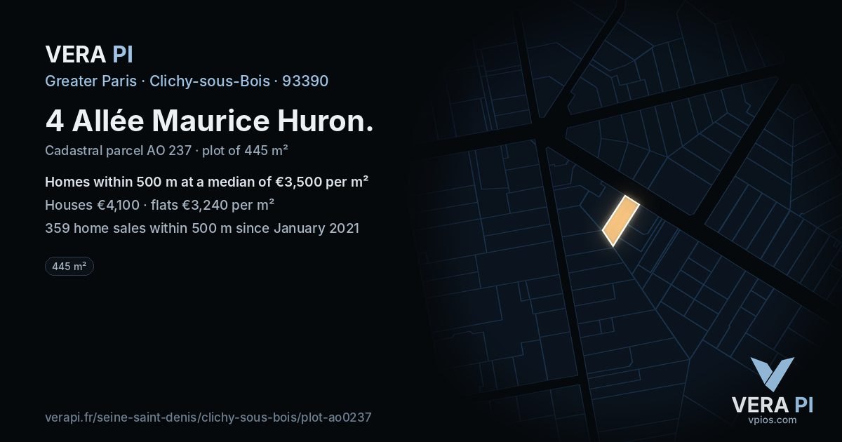 4 Allée Maurice Huron, Clichy-sous-Bois at night – the plot lit, the parcels around coloured by the prices near them