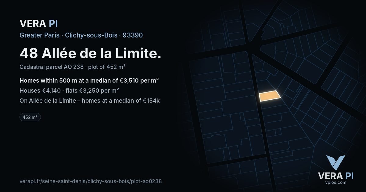 48 Allée de la Limite, Clichy-sous-Bois at night – the plot lit, the parcels around coloured by the prices near them