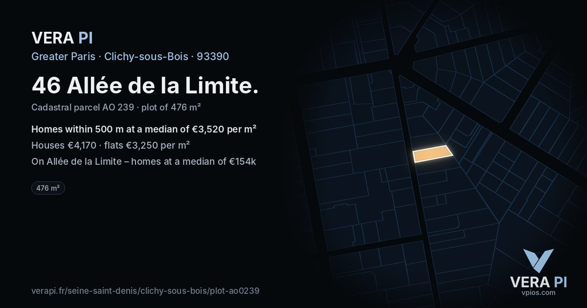 46 Allée de la Limite, Clichy-sous-Bois at night – the plot lit, the parcels around coloured by the prices near them