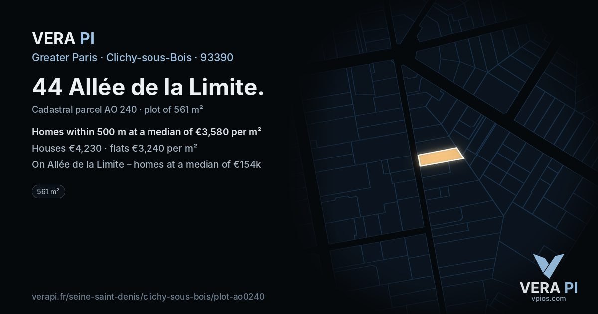 44 Allée de la Limite, Clichy-sous-Bois at night – the plot lit, the parcels around coloured by the prices near them