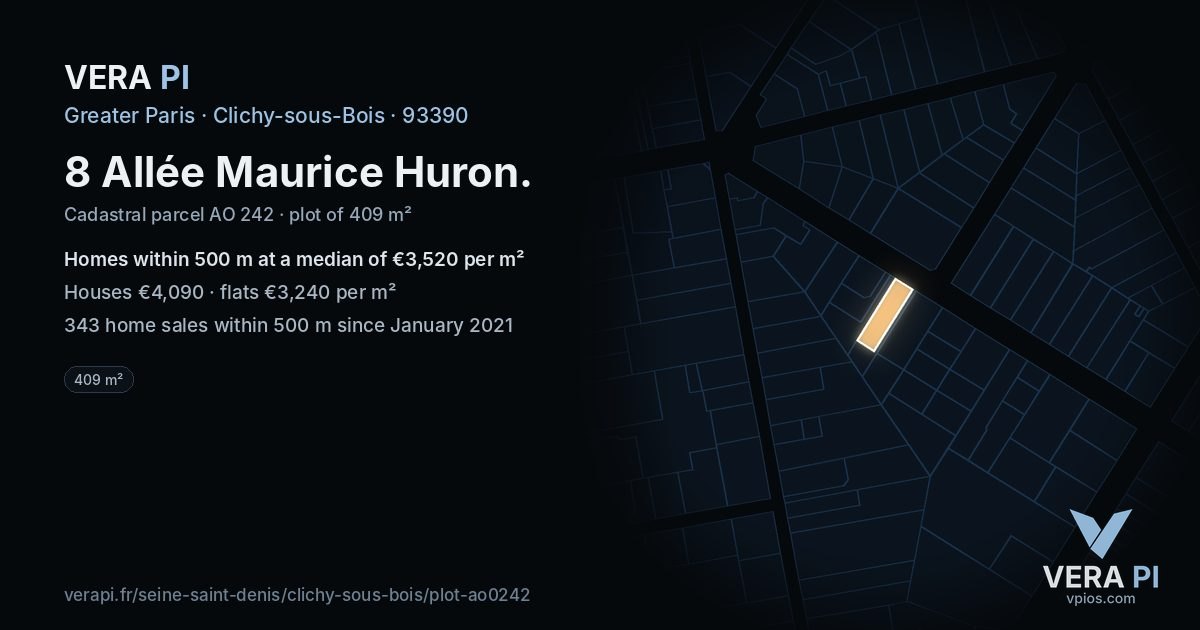 8 Allée Maurice Huron, Clichy-sous-Bois at night – the plot lit, the parcels around coloured by the prices near them
