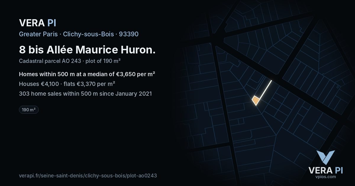 8 bis Allée Maurice Huron, Clichy-sous-Bois at night – the plot lit, the parcels around coloured by the prices near them