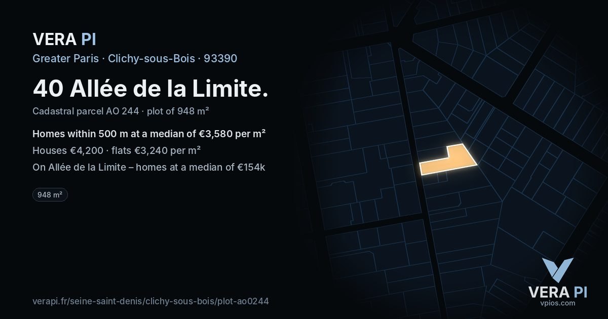 40 Allée de la Limite, Clichy-sous-Bois at night – the plot lit, the parcels around coloured by the prices near them