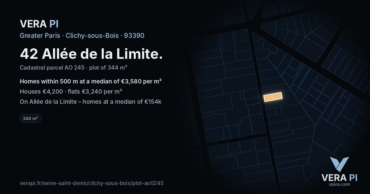 42 Allée de la Limite, Clichy-sous-Bois at night – the plot lit, the parcels around coloured by the prices near them