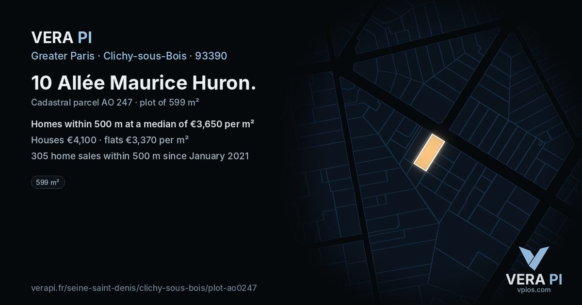 10 Allée Maurice Huron, Clichy-sous-Bois at night – the plot lit, the parcels around coloured by the prices near them