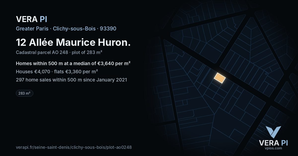 12 Allée Maurice Huron, Clichy-sous-Bois at night – the plot lit, the parcels around coloured by the prices near them