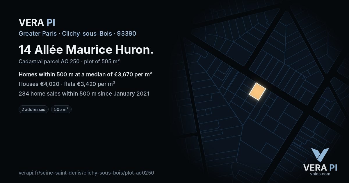 14 Allée Maurice Huron, Clichy-sous-Bois at night – the plot lit, the parcels around coloured by the prices near them