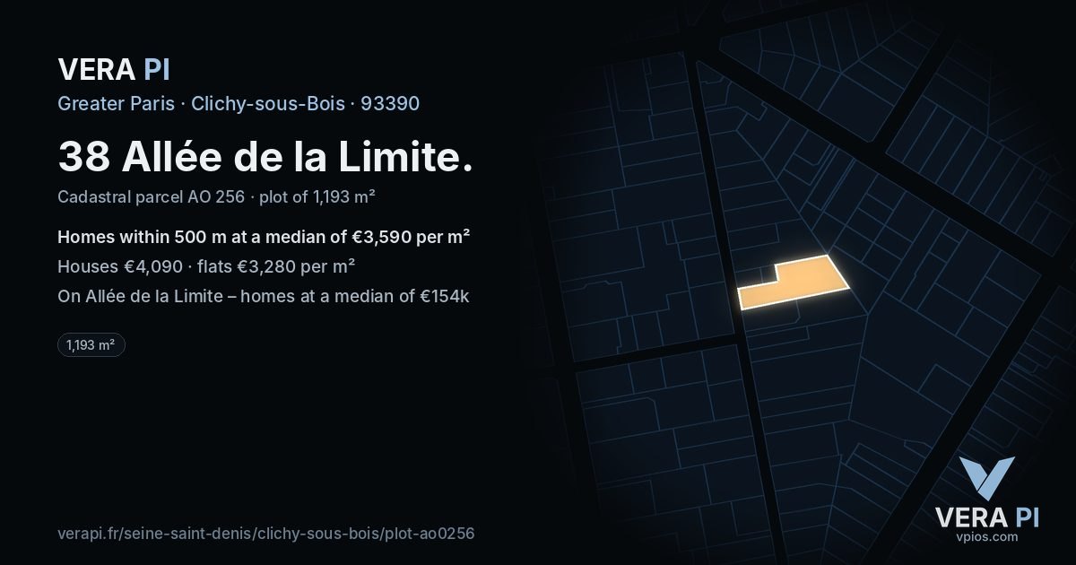 38 Allée de la Limite, Clichy-sous-Bois at night – the plot lit, the parcels around coloured by the prices near them