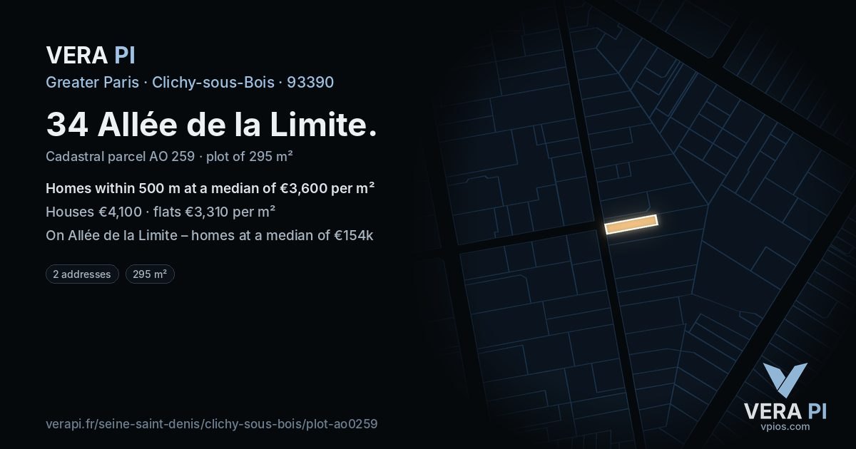 34 Allée de la Limite, Clichy-sous-Bois at night – the plot lit, the parcels around coloured by the prices near them