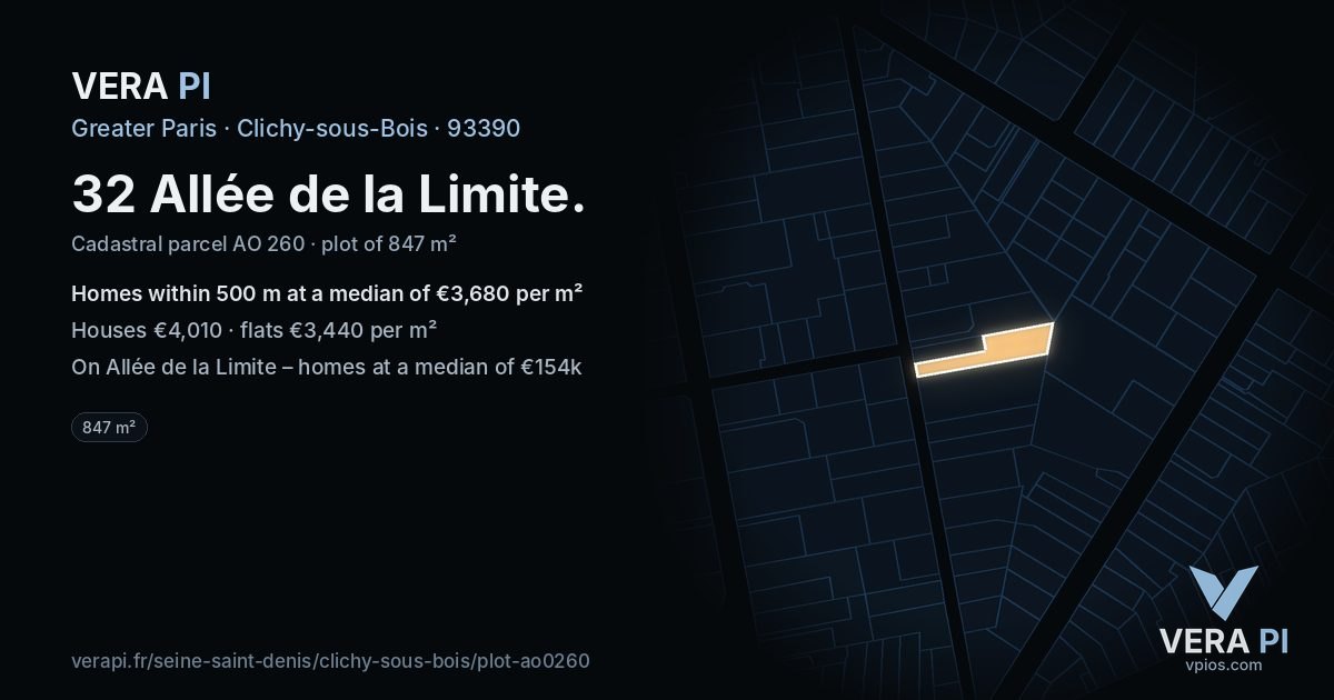 32 Allée de la Limite, Clichy-sous-Bois at night – the plot lit, the parcels around coloured by the prices near them